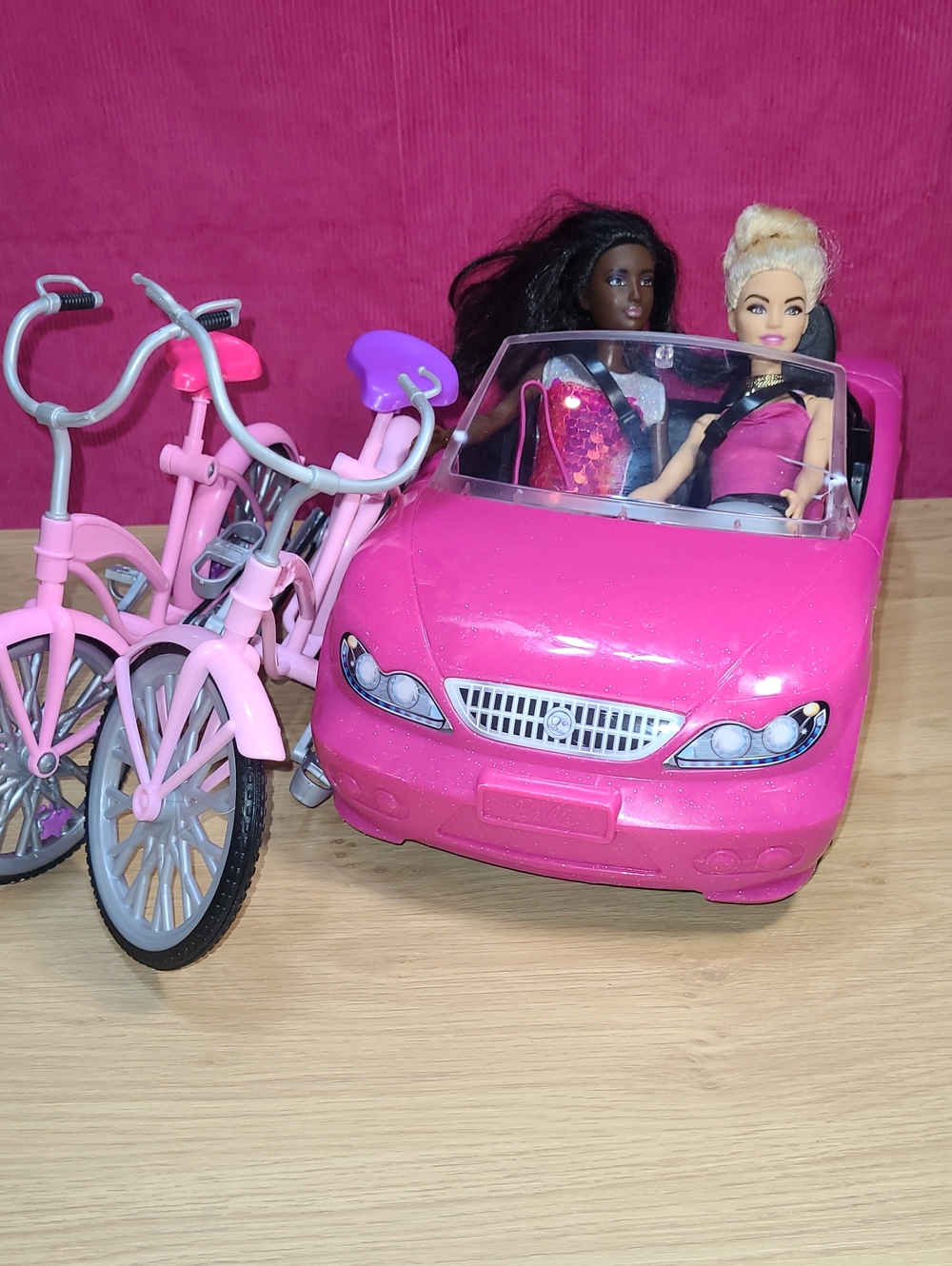 Pink Convertible Barbie  Car with 2 Beautiful Barbie Doll, 2 Matching Bicycles